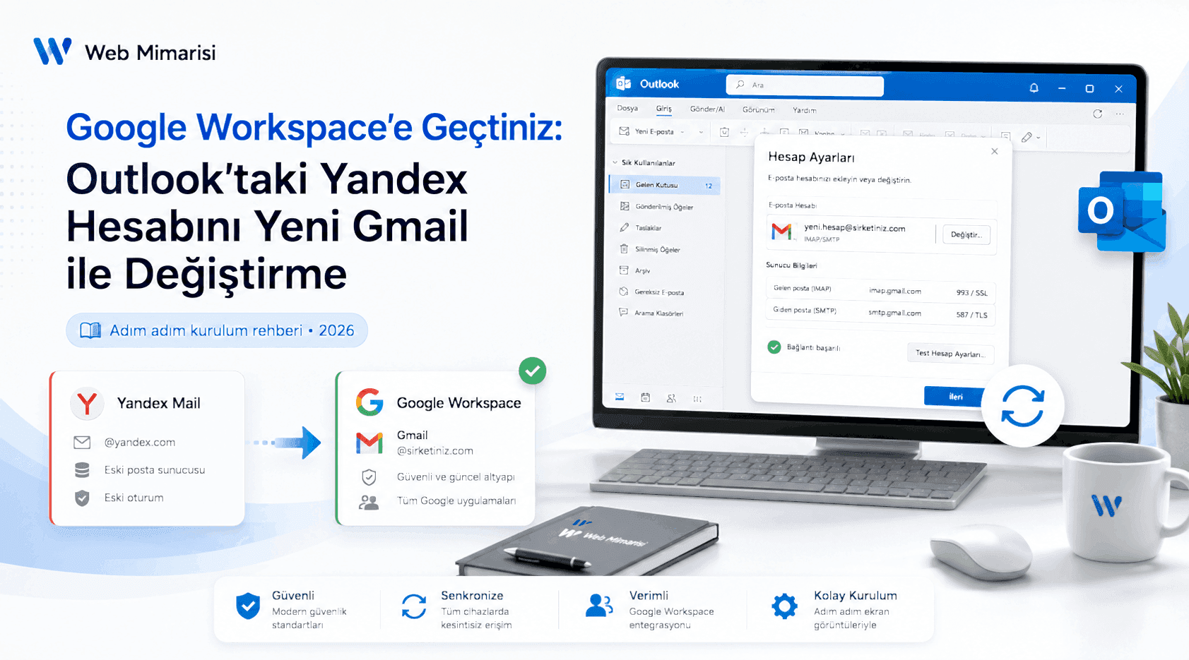 Google Workspace'e geçiÅŸ sonrası Outlook'ta eski Yandex hesabını yeni Gmail hesabıyla deÄŸiÅŸtirme rehberi